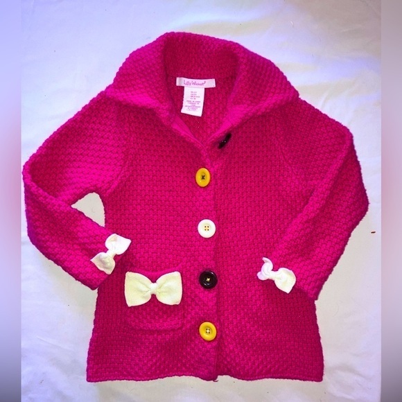 Lilly Wicket 2T Adorable Pink Knit Sweater w/LG Colorful Buttons, Cute Bows - Picture 1 of 4